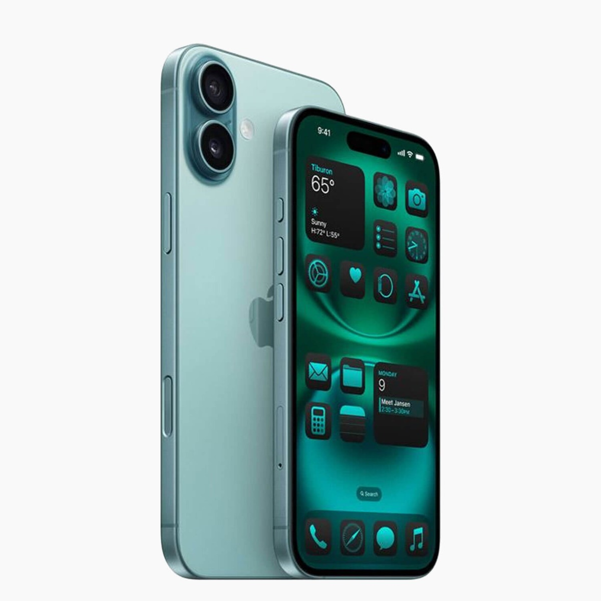 Dos iPhones turquesa uno al lado del otro. Uno muestra su pantalla de inicio.