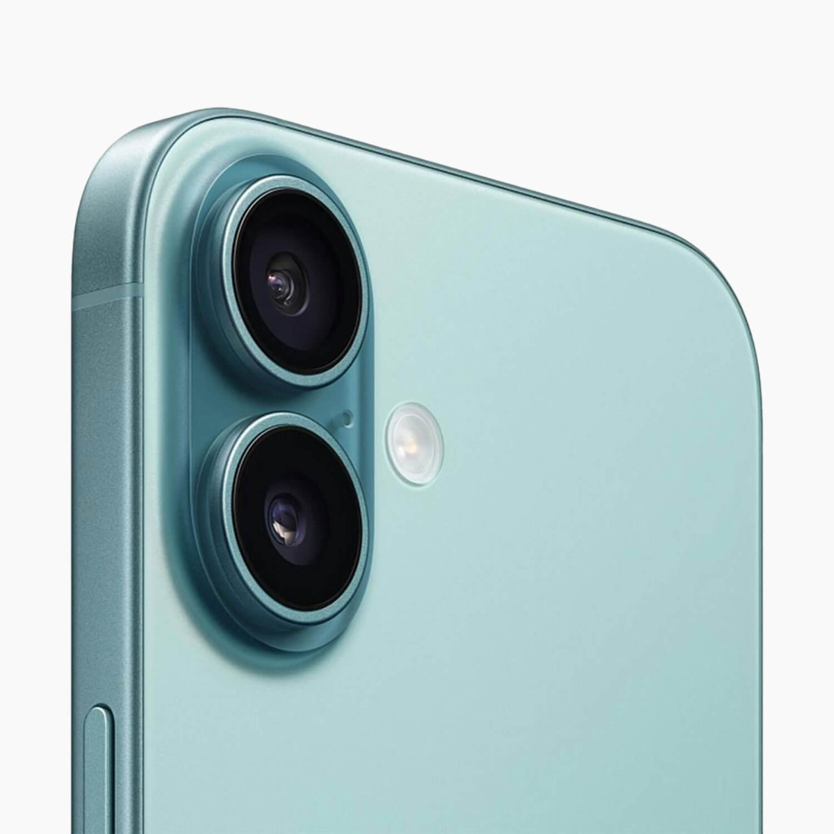 Primer plano de la parte posterior de un iPhone verde menta con dos lentes de cámara y flash.