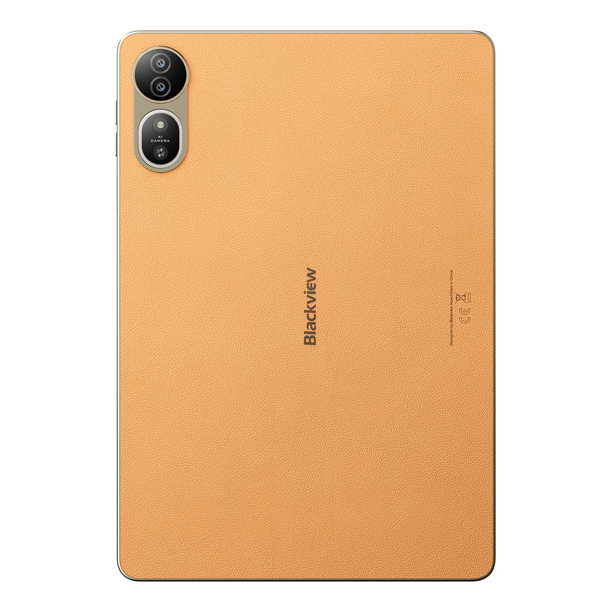 Back of an orange tablet with dual cameras and the Blackview logo.