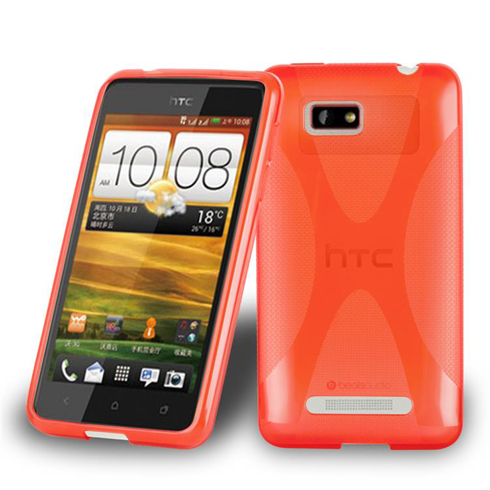 Due telefoni HTC arancioni, uno mostra lo schermo, l'altro il retro.