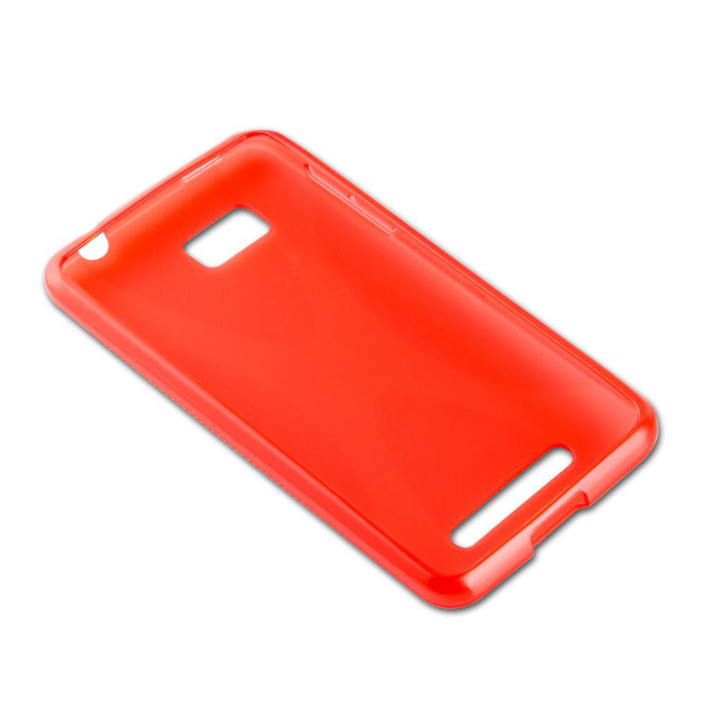 Una cover per telefono rossa brillante in plastica su sfondo bianco.