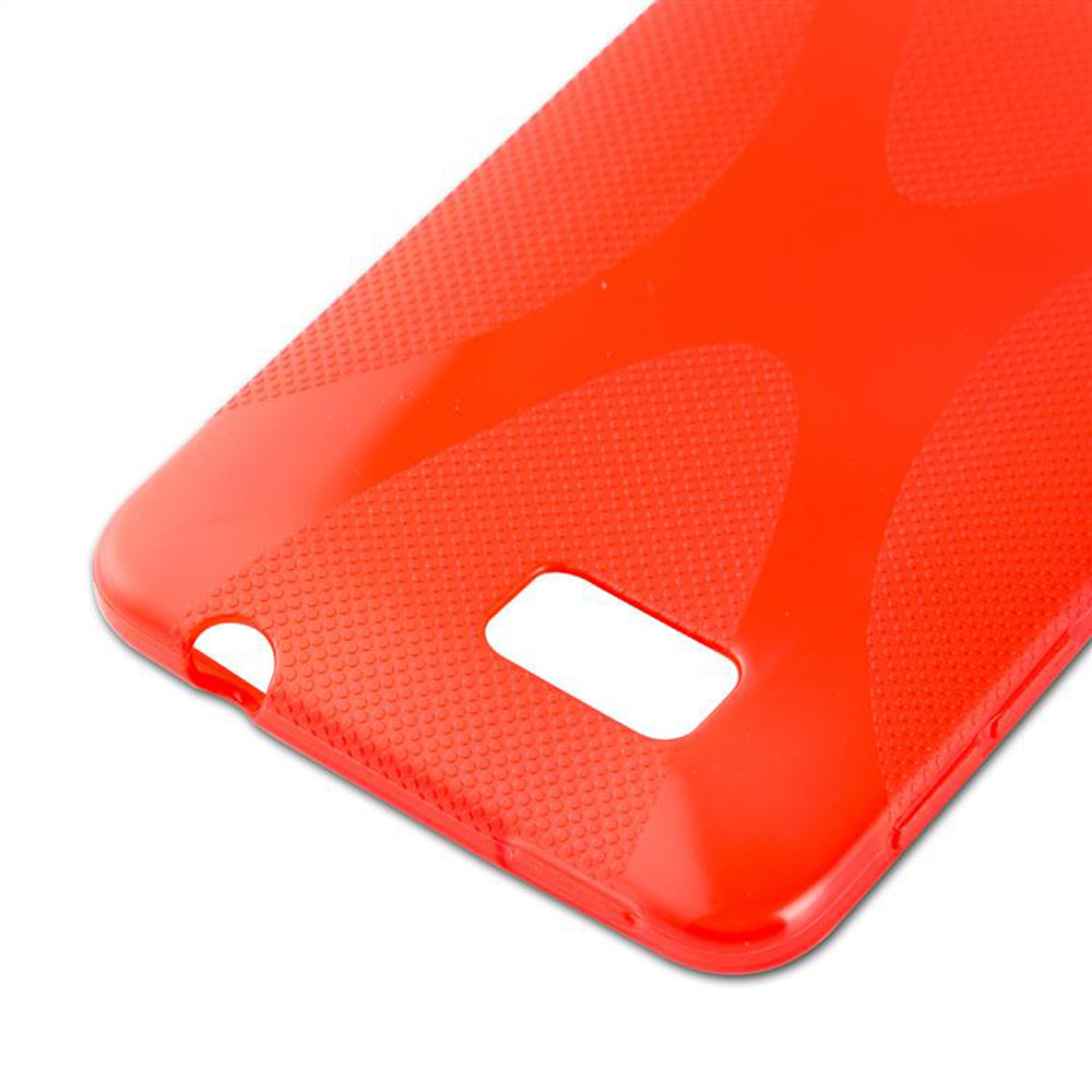 Cover rossa per telefono con motivo testurizzato e ritagli.