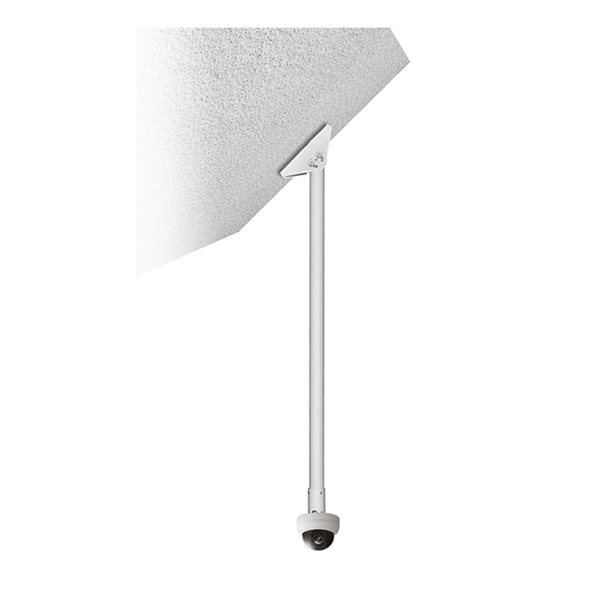 Eine weiße Überwachungskamera hängt an einer Stange von einer Decke.