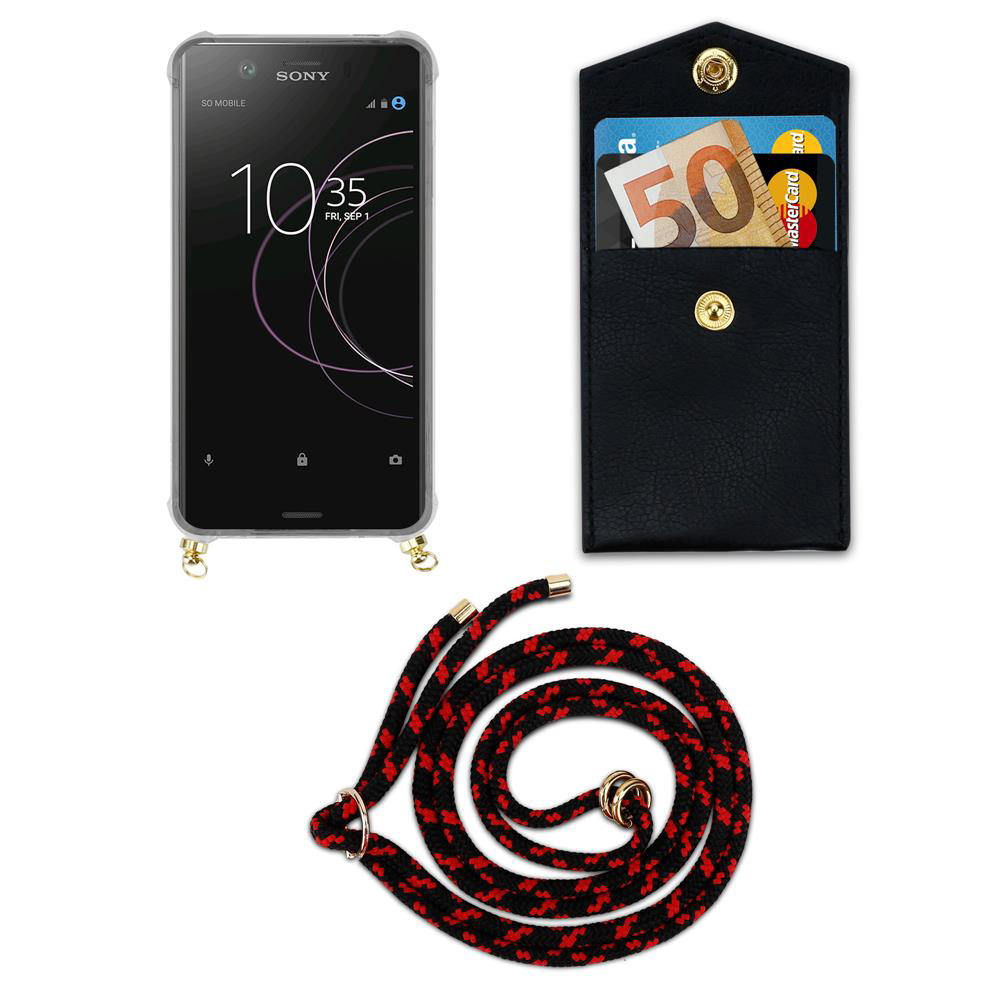 Ein schwarzes Handy mit einer Brieftasche, Euro-Schein, Karte und Band.