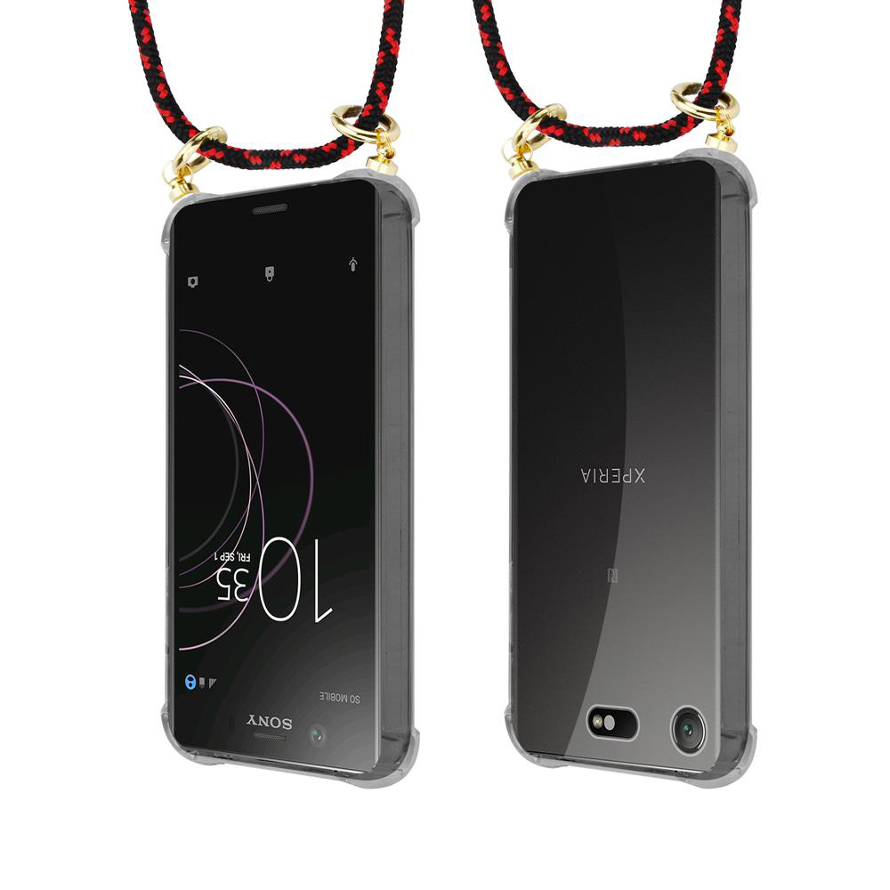 Zwei Smartphones mit Lanyards, eines mit Uhrzeit 10:35, das andere mit Xperia-Logo.
