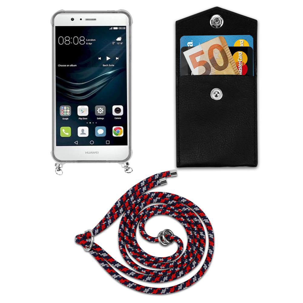 Un telefono Huawei bianco, un porta carte nero con banconota da 50 euro e carte, e un laccio rosso/blu.