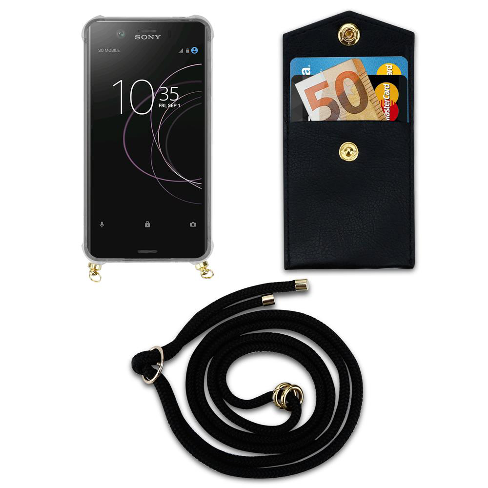 Ein schwarzes Lederetui mit Euro-Schein und Karten, daneben ein Smartphone.