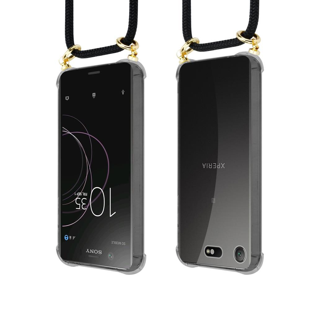 Zwei Sony Xperia Smartphones mit Lanyard-Halterungen, eines zeigt die Uhrzeit an.