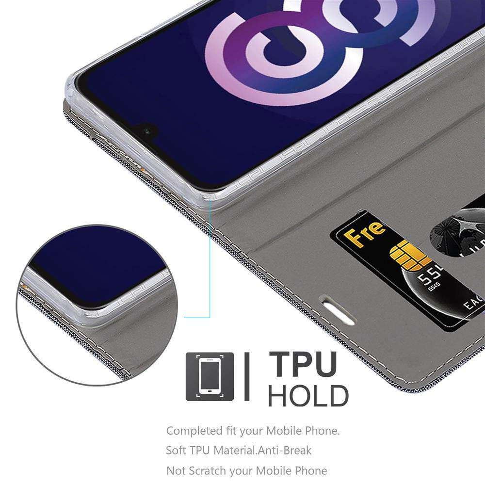 Custodia grigia per telefono con slot per carte e telefono con logo viola.