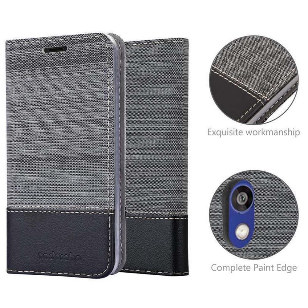 Custodia per telefono in tessuto grigio con accenti in pelle nera e cuciture.