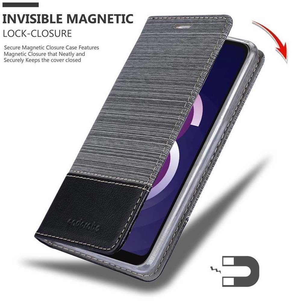 Custodia flip grigia con accento in pelle nera e chiusura magnetica.