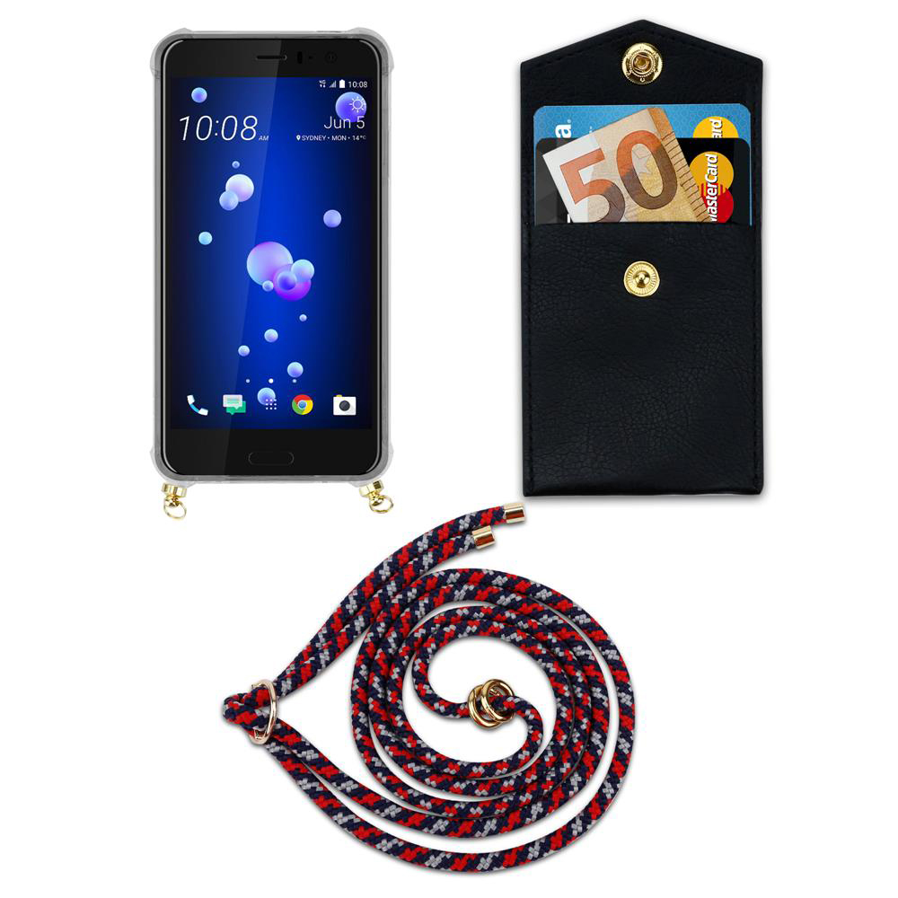 Ein Smartphone, eine schwarze Brieftasche mit Karten und Geld, und ein Lanyard liegen auf weißem Grund.