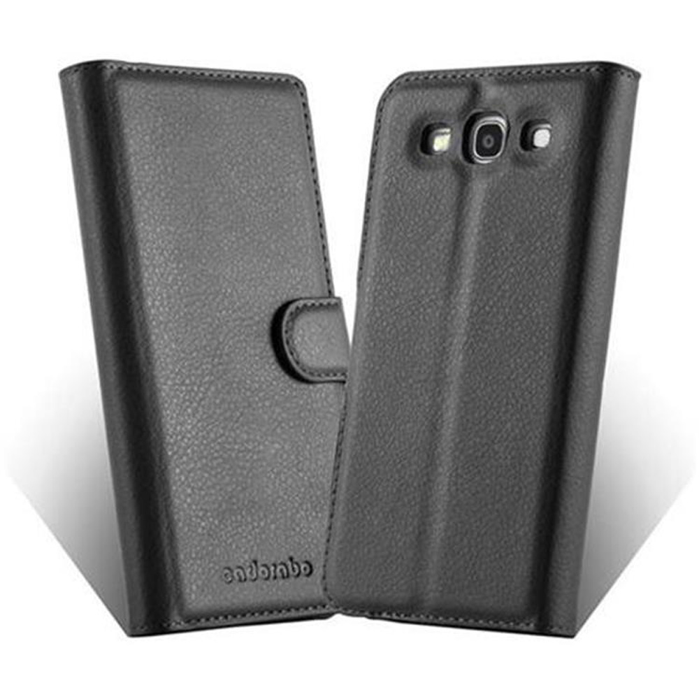 Ein schwarzes Leder-Flip-Case für ein Smartphone, offen.