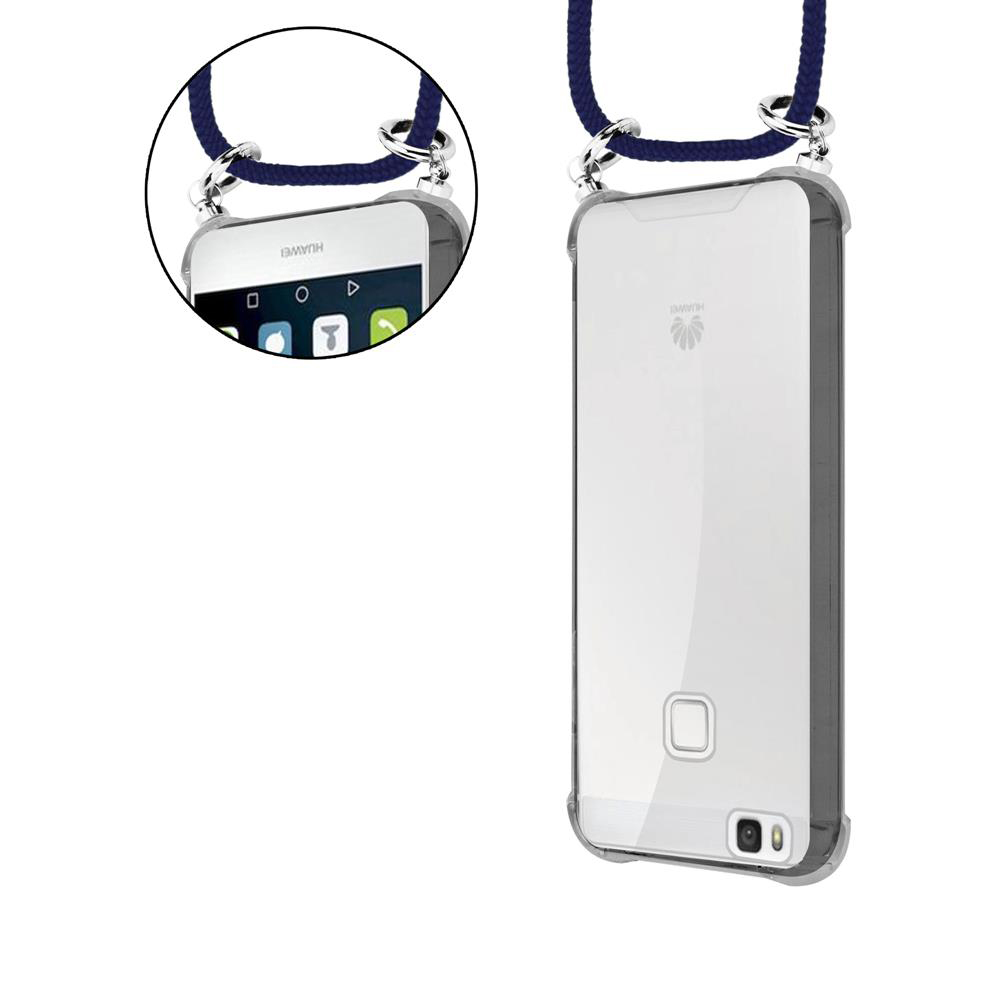 Custodia trasparente con laccetto blu e vista telefono Huawei.