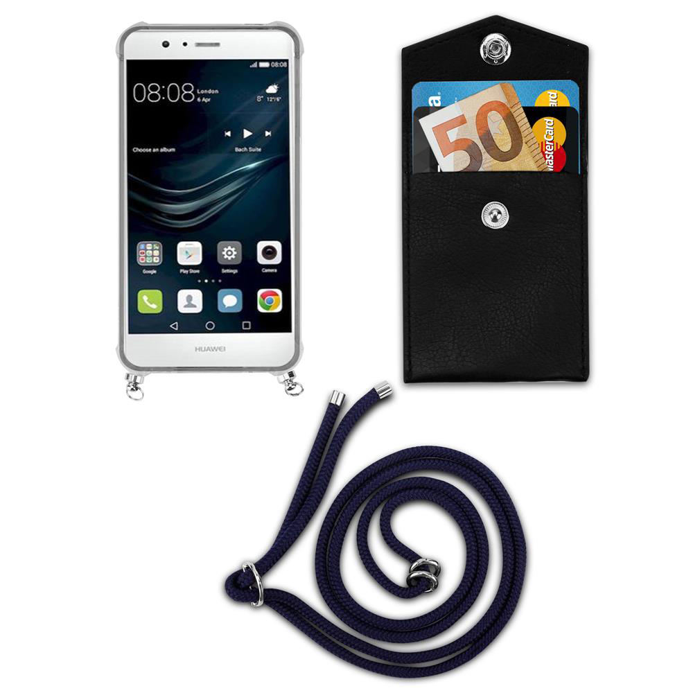 Uno smartphone, una tasca nera con soldi e carta, e un cordoncino.