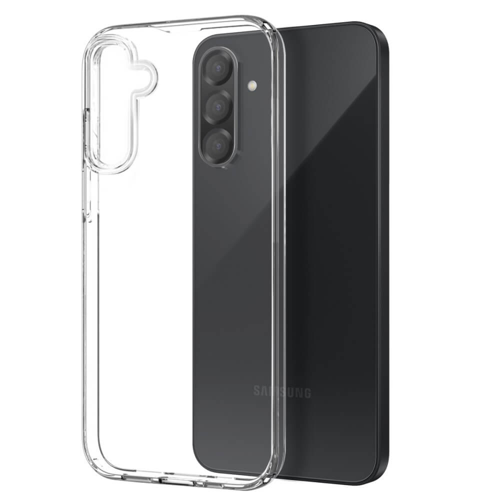 Una cover trasparente circonda uno smartphone nero con tre fotocamere.