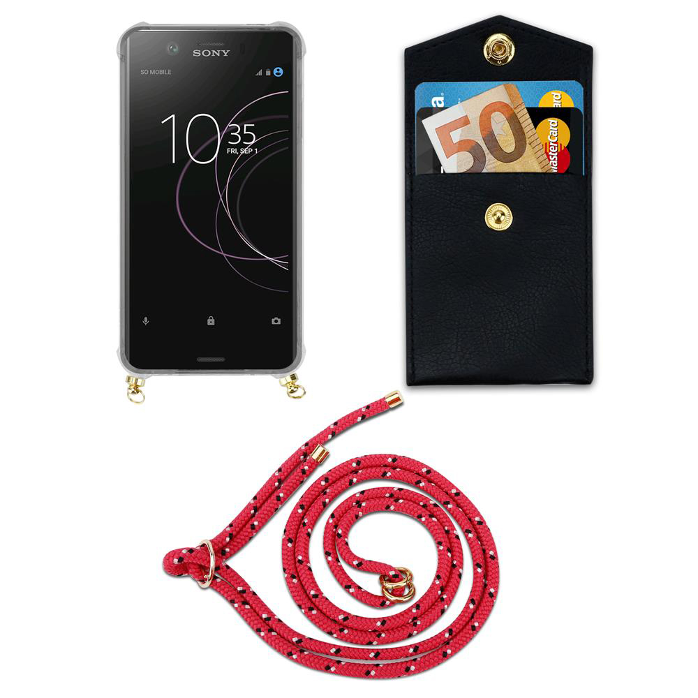 Sony Smartphone mit Hülle, Geldbörse mit Geld und Karten, rotes Lanyard.