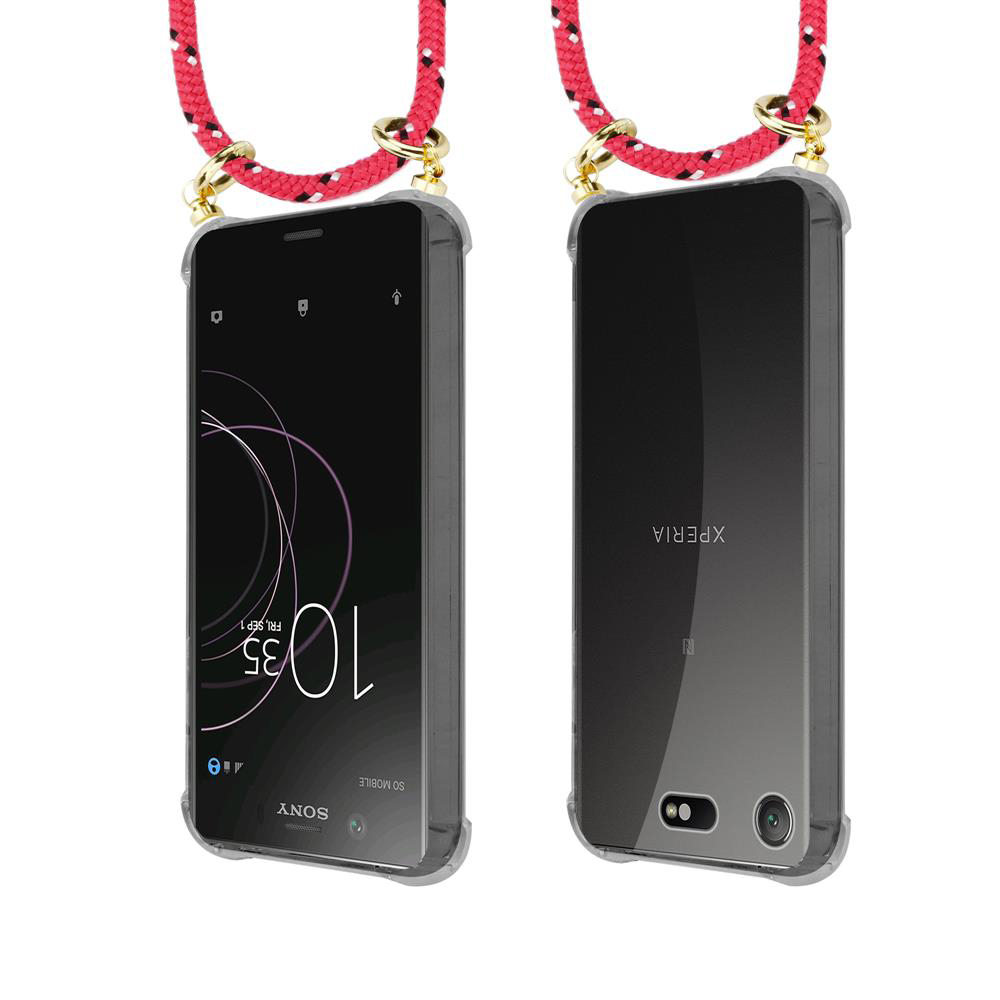 Zwei Sony Xperia Handys mit roten Trageschlaufen.