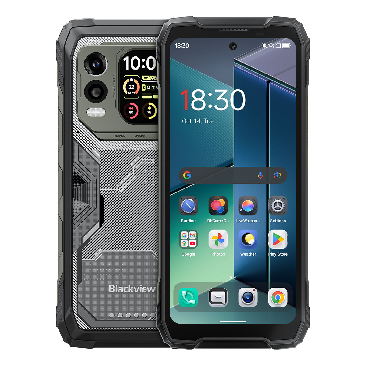 Un smartphone robusto con carcasa oscura y configuración de cámara trasera visible.