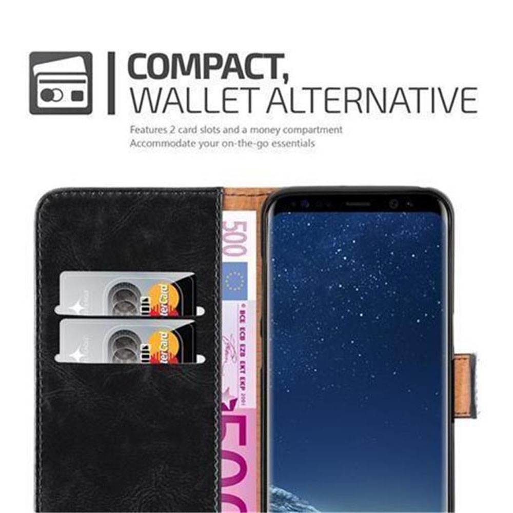 Schwarzes Wallet mit 2 Kartenfächern, 500 Euro-Schein und Smartphone.
