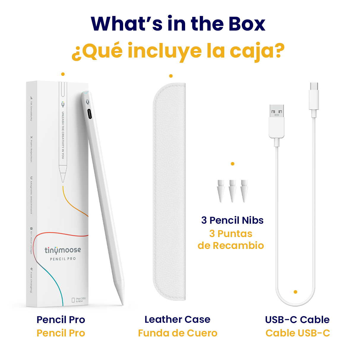 Contenido de la caja: Lápiz, estuche de cuero, 3 puntas, cable USB-C.
