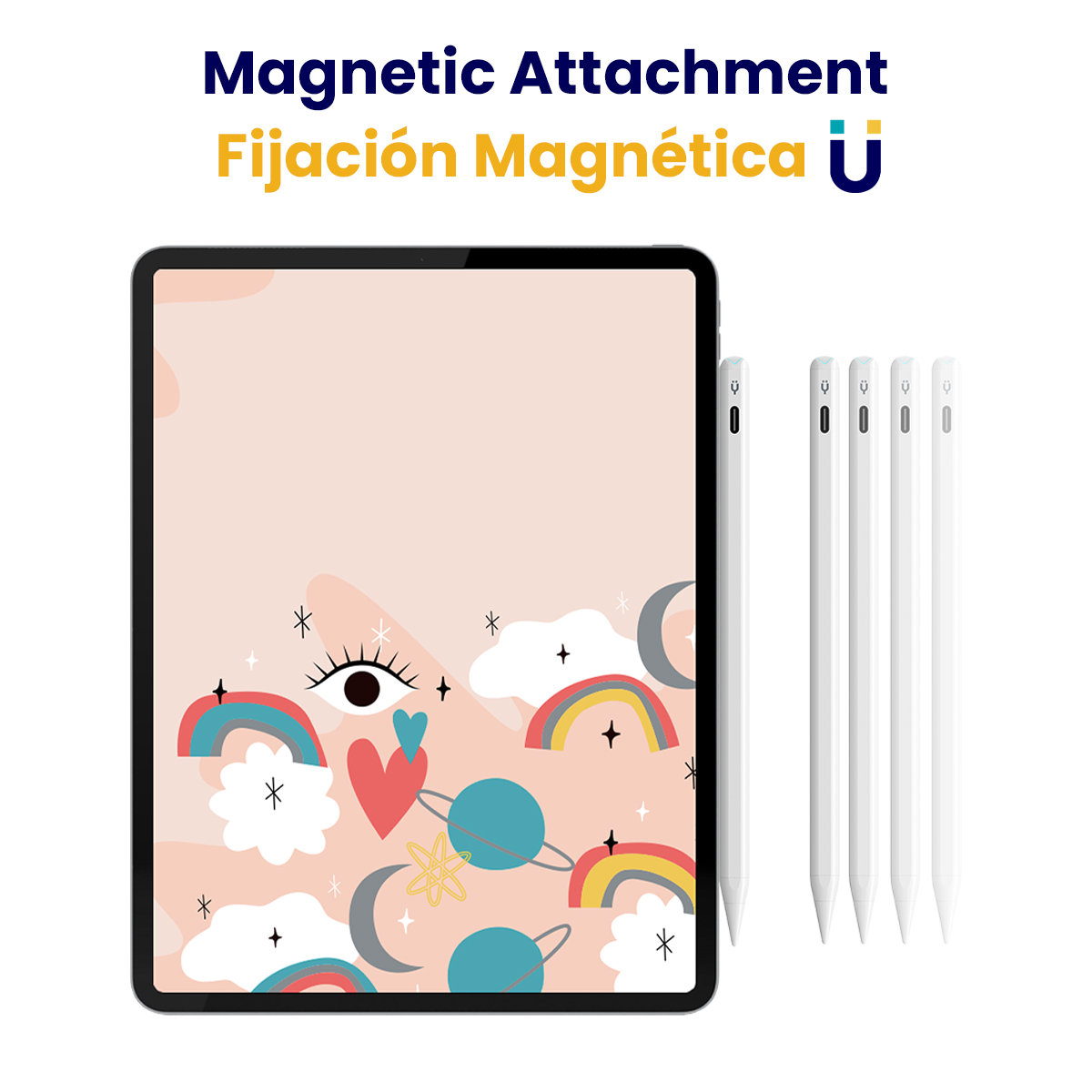 Una tableta con diseño colorido y cuatro lápices blancos al lado.