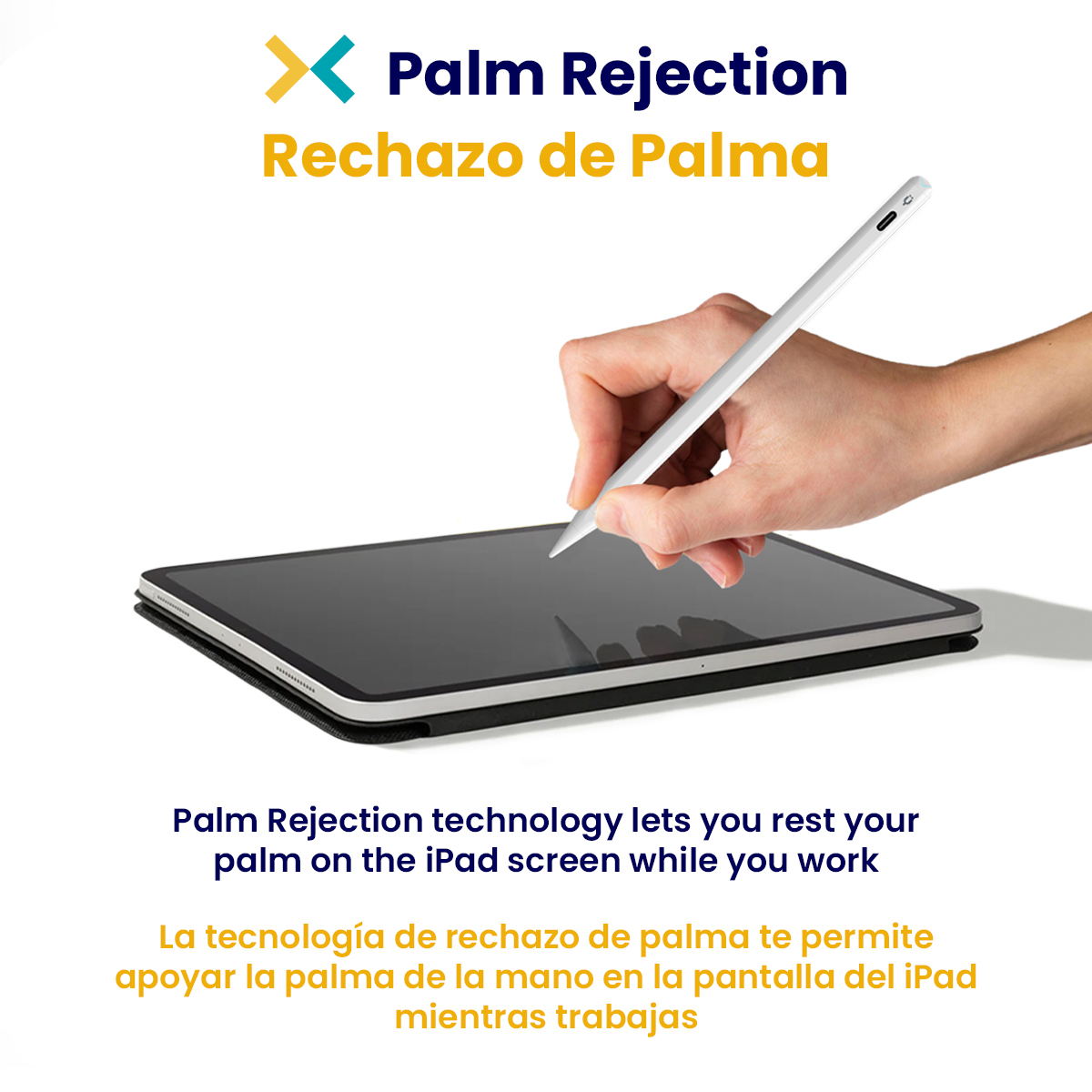 Mano sosteniendo lápiz blanco sobre pantalla de iPad, demostrando rechazo de palma.