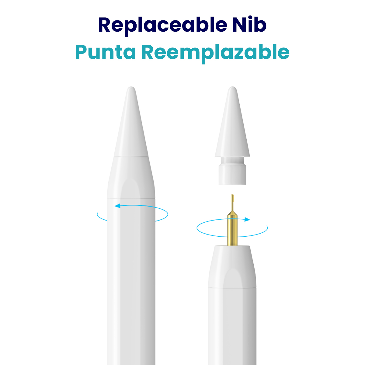 Dos bolígrafos blancos. Uno muestra movimiento giratorio, el otro se desmonta.