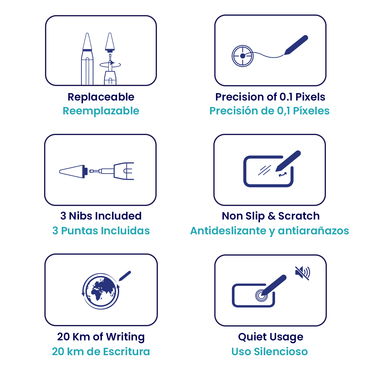 Seis iconos: puntas reemplazables, precisión de 0,1 píxeles, 3 puntas, antideslizante, 20 km escritura, silencioso.