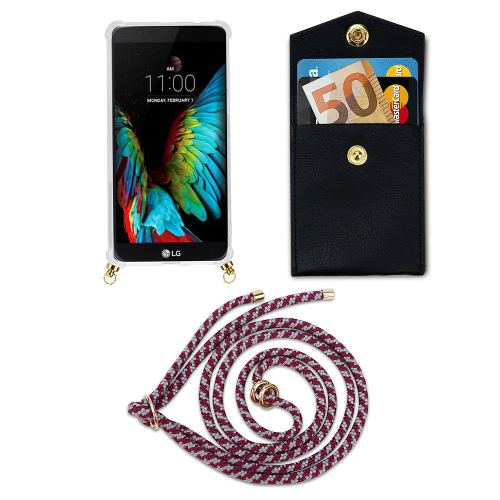 Ein Smartphone mit buntem Hintergrund, eine schwarze Tasche mit Karten und Geld und eine Schnur.