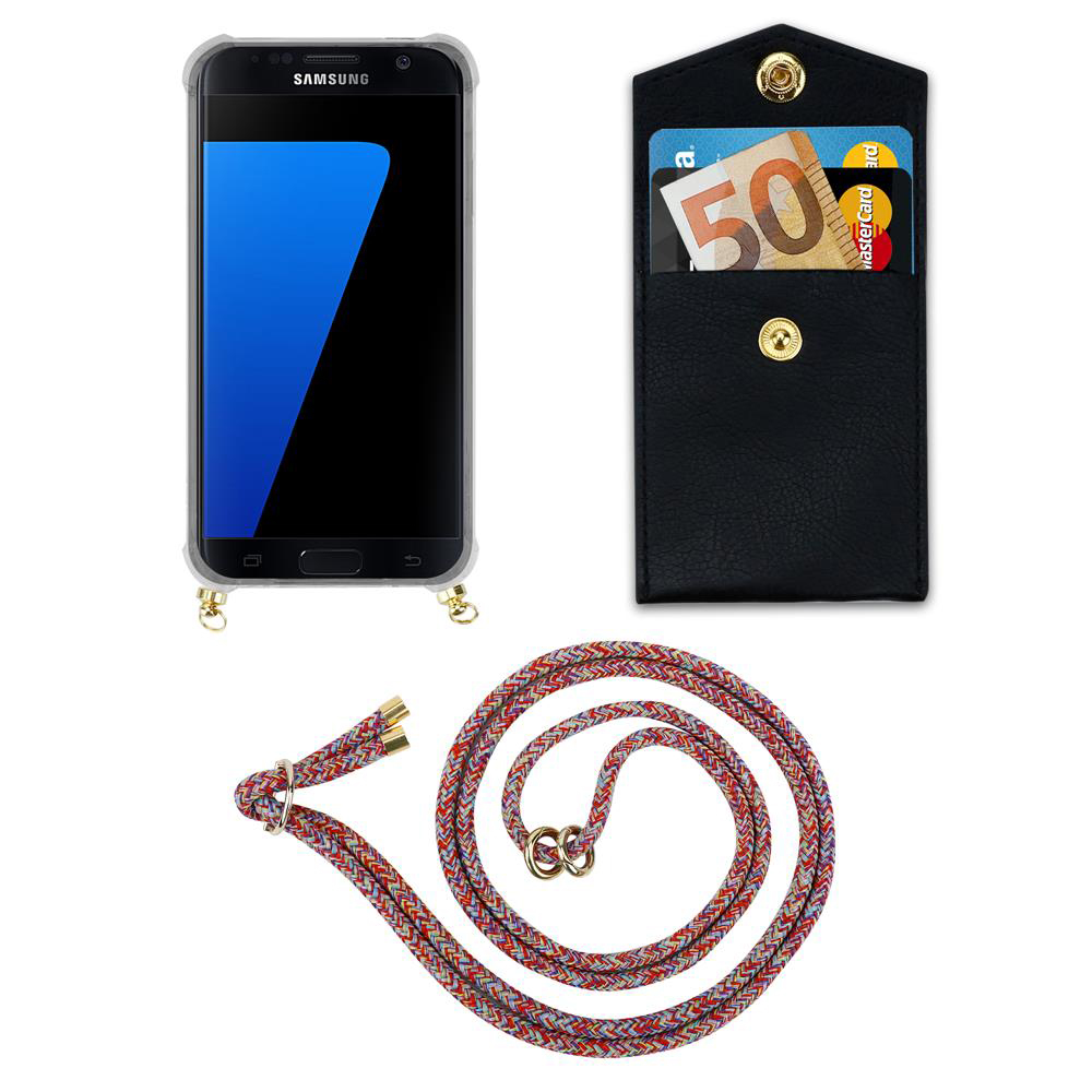 Smartphone mit Hülle, schwarzes Kartenetui mit Euroschein und Karten, bunte Kordel.