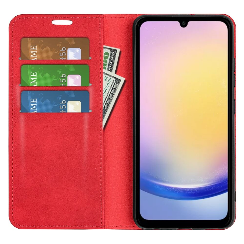 Rote Hülle mit Handy, drei Karten und Geldscheinen.