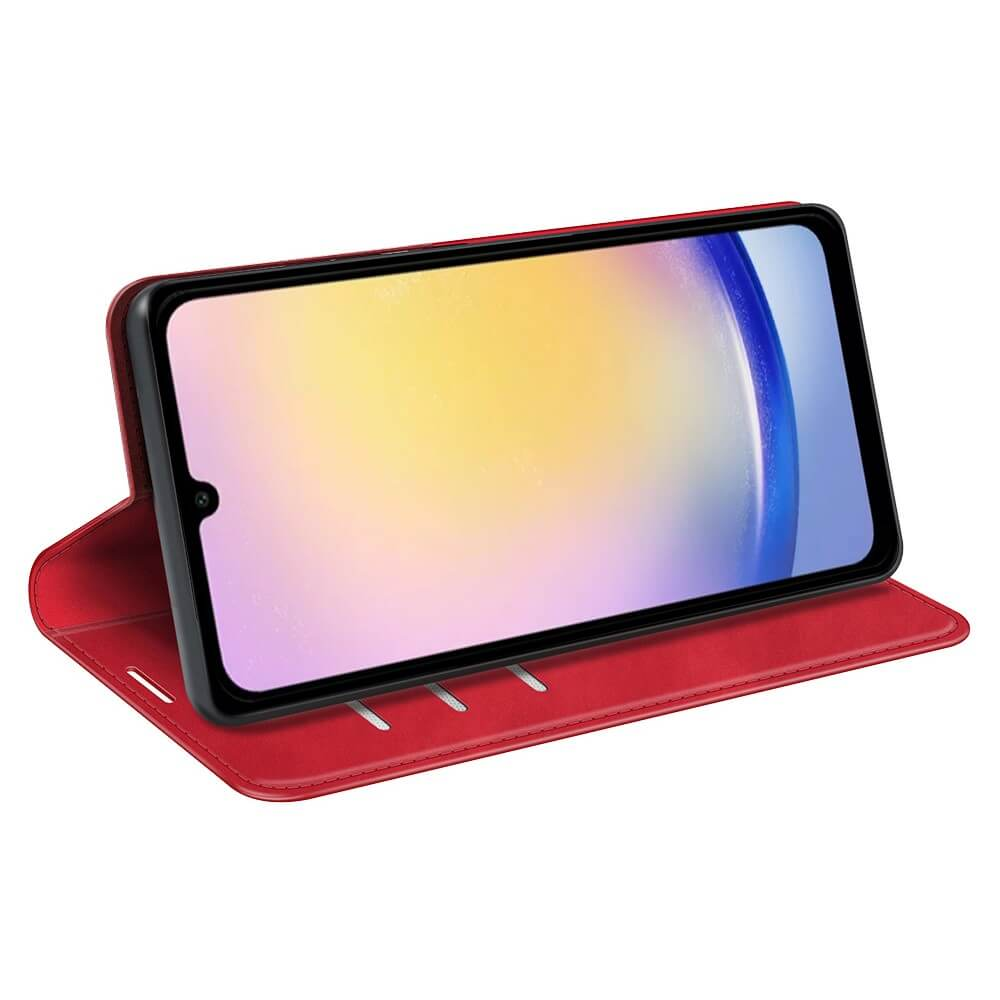 Ein rotes Smartphone in einer offenen Hülle, das auf einem weißen Hintergrund steht.