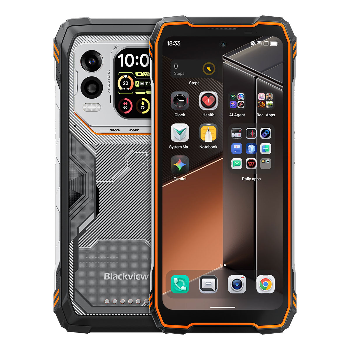 Un smartphone robusto con acentos naranjas, mostrando vistas frontal y trasera.