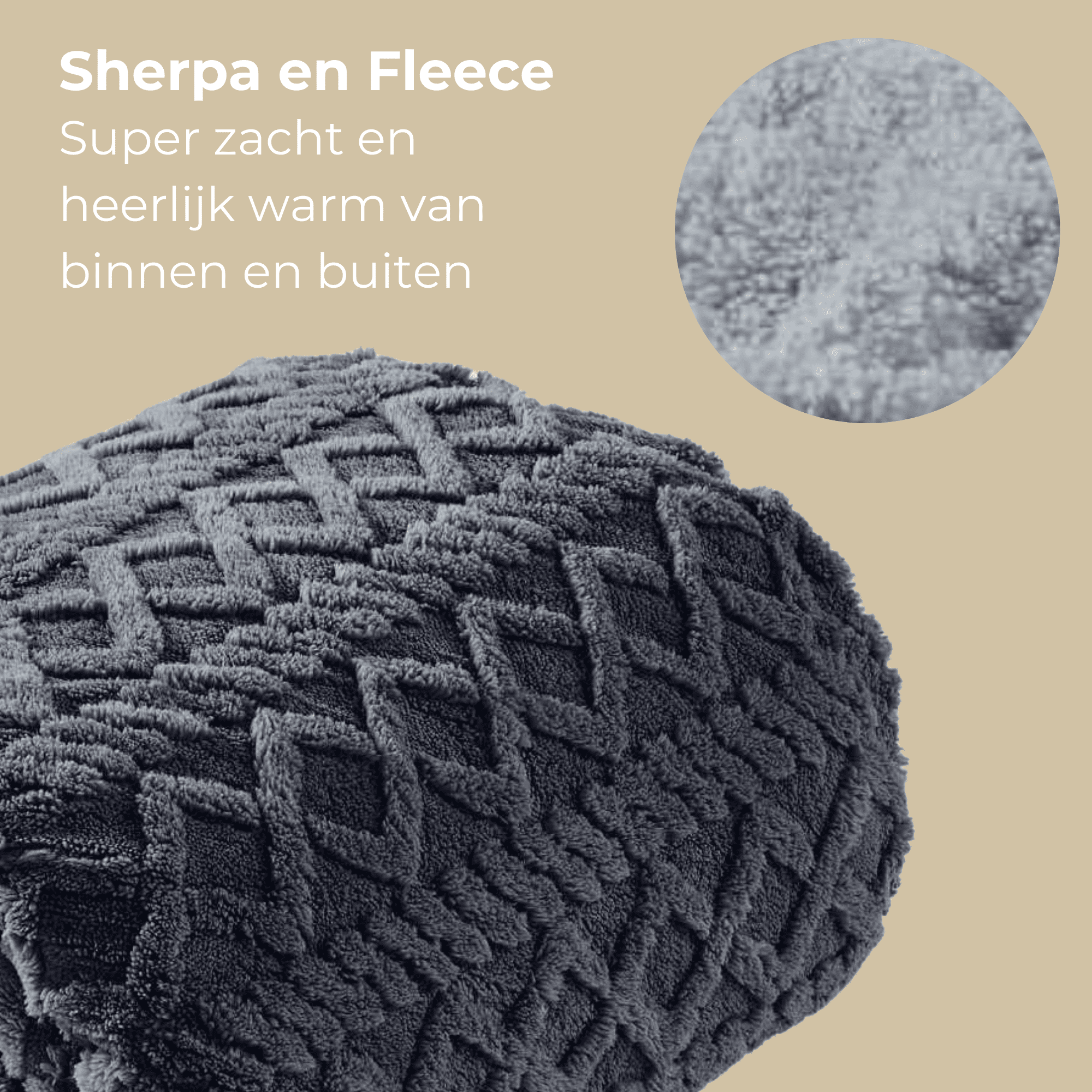 Dunkelgraues Sherpa-Fleece mit Zopfmuster, Nahaufnahme.