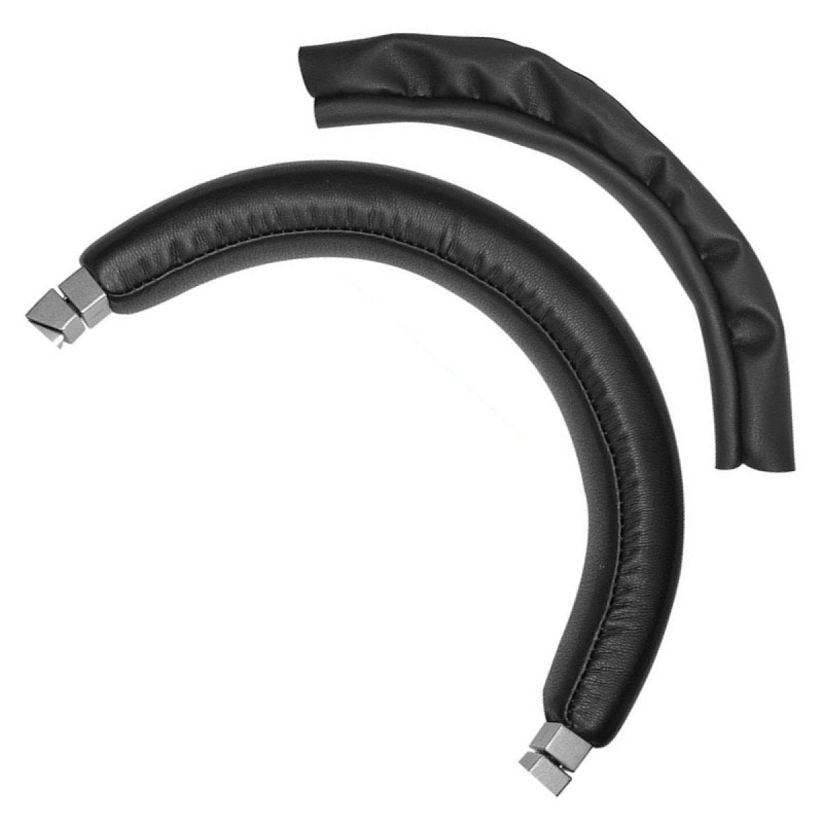 Due cuscinetti auricolari in pelle nera per cuffie con connettori in metallo argentato.