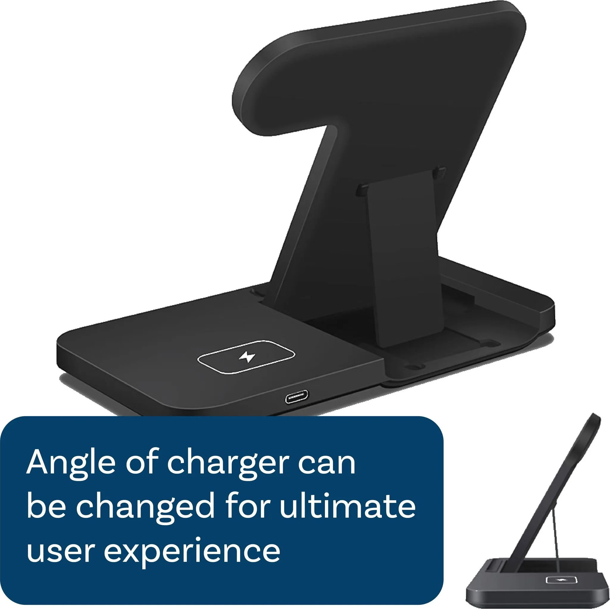 Schwarzes Ladegerät mit verstellbarem Winkel und USB-C-Anschluss.