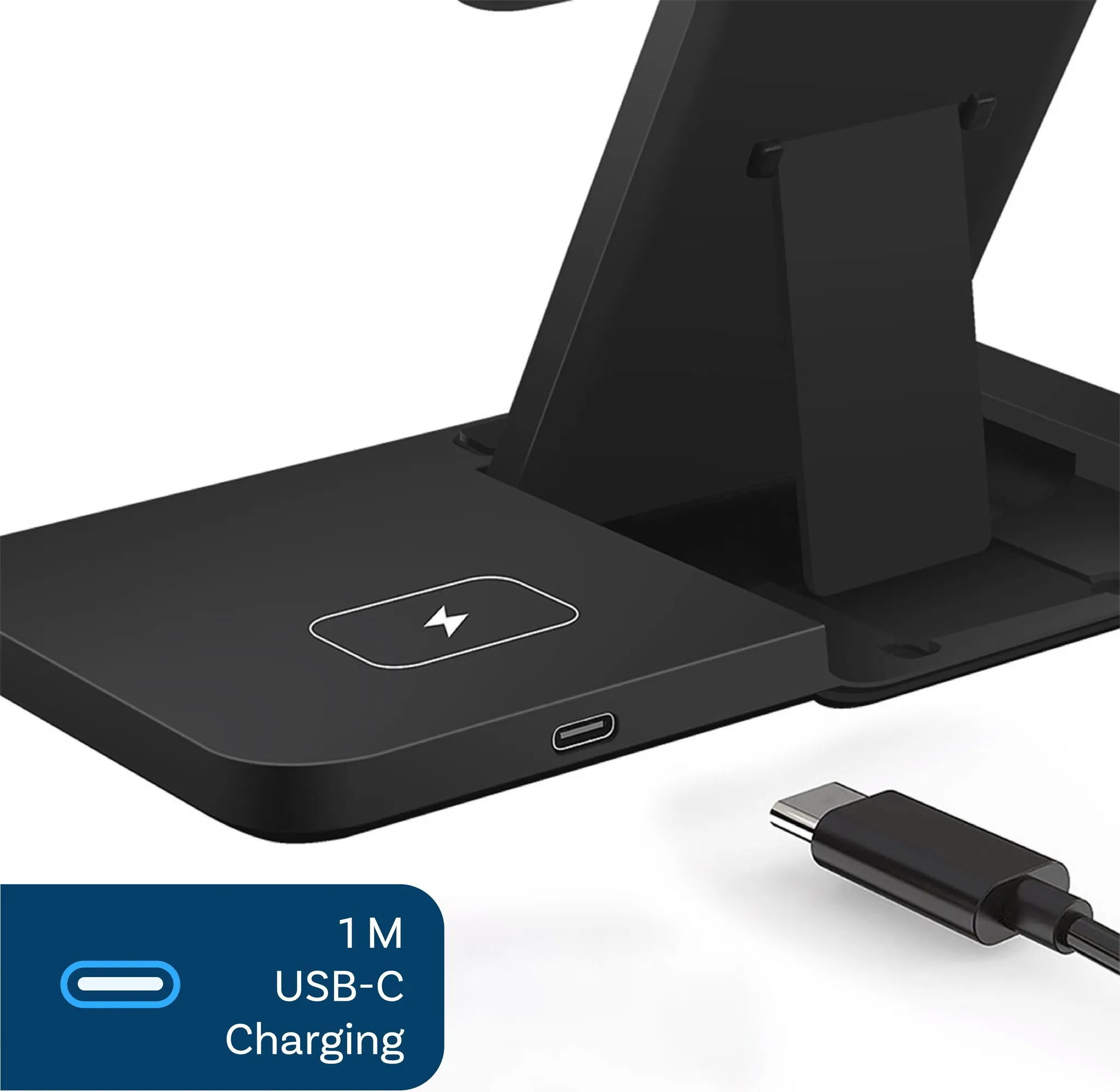 Schwarzes Ladegerät mit USB-C-Kabel und Ladeanzeige.