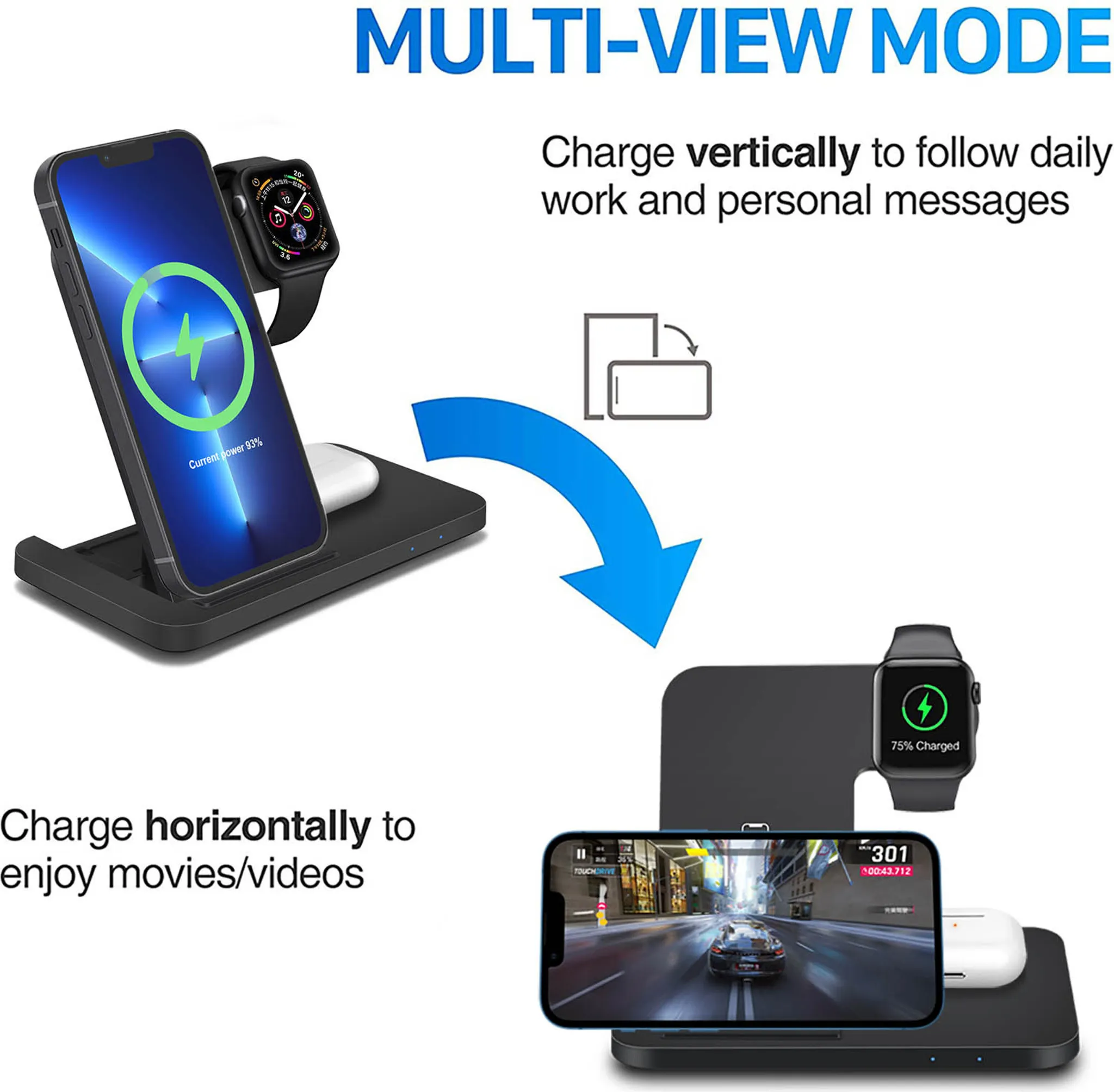 Ladegerät für iPhone und Apple Watch, vertikal/horizontal nutzbar.