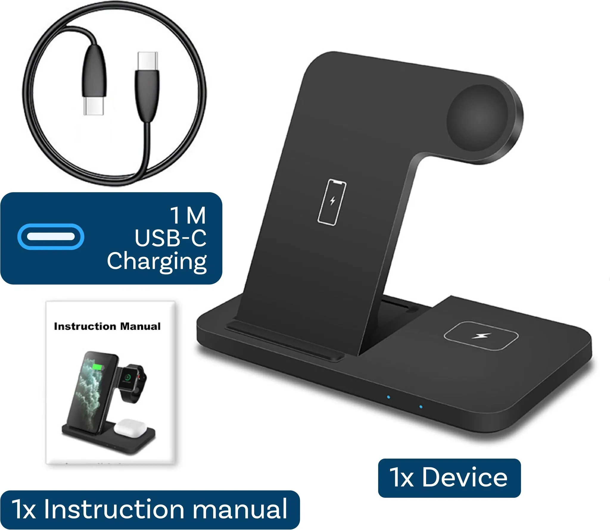 Schwarzes Ladegerät für mehrere Geräte mit USB-C-Kabel und Anleitung.