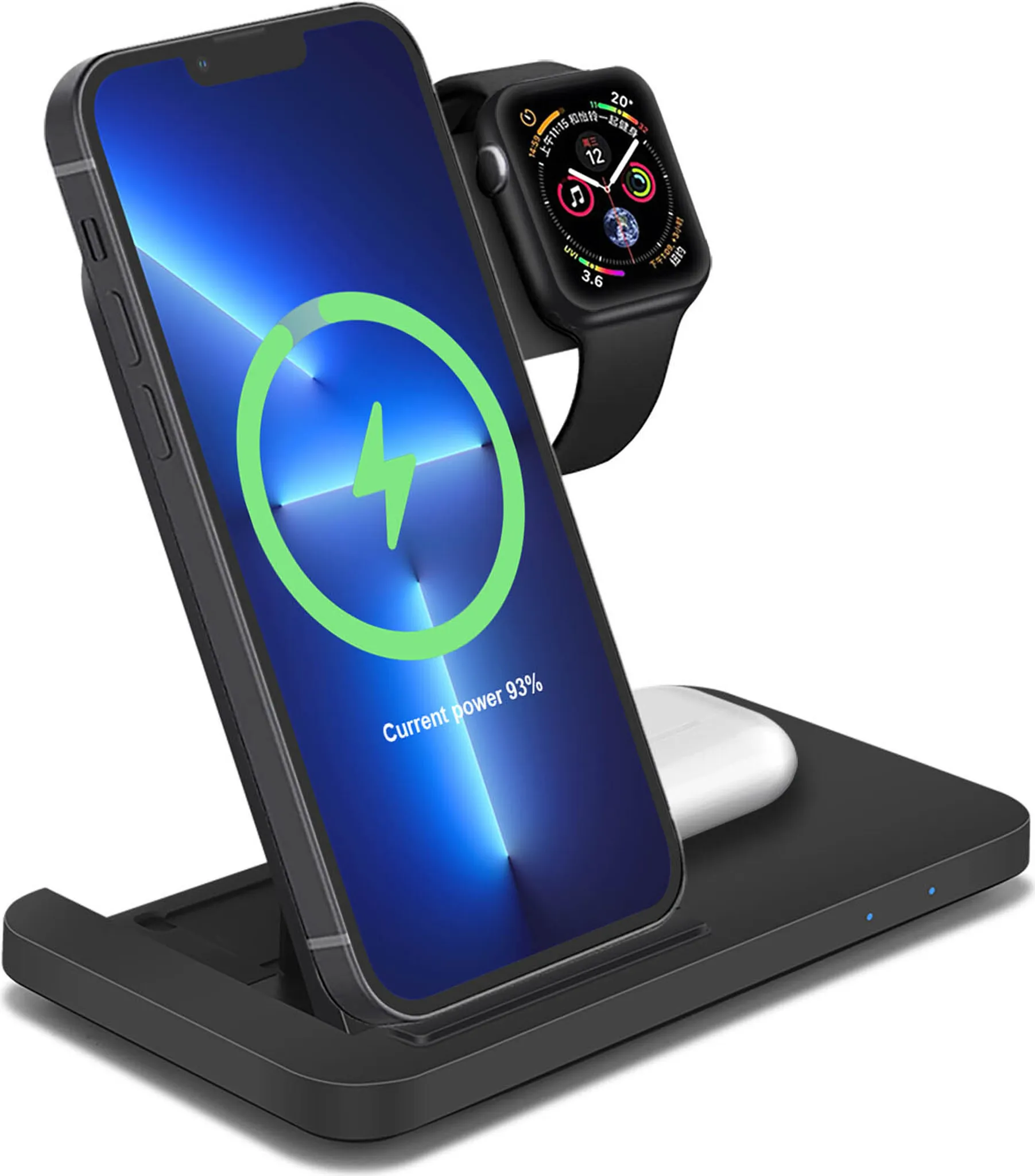 Ein schwarzes Lade-Dock mit iPhone, Apple Watch und AirPods-Ladecase.