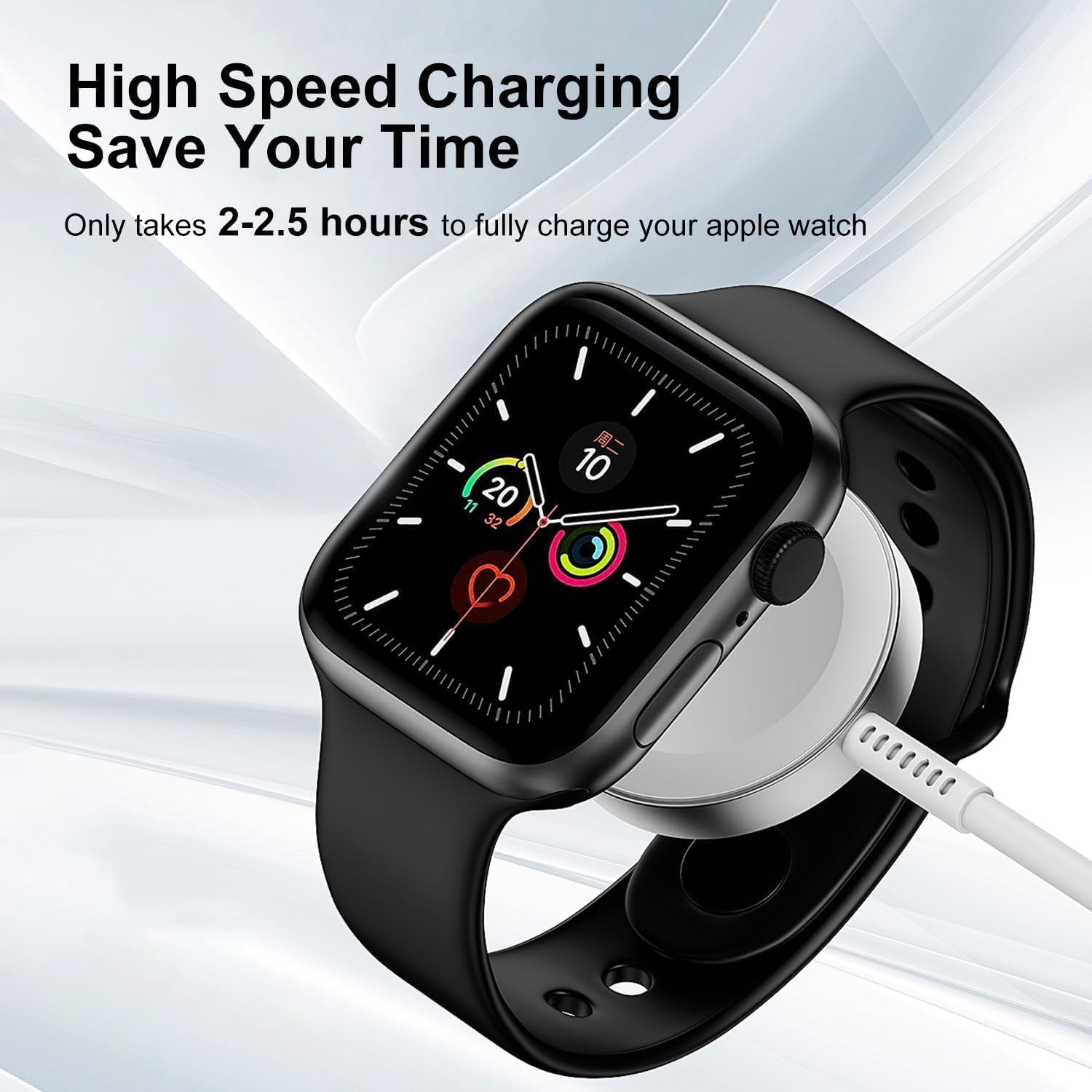 Schwarze Apple Watch lädt auf weißem Ladegerät. Hohe Ladegeschwindigkeit.