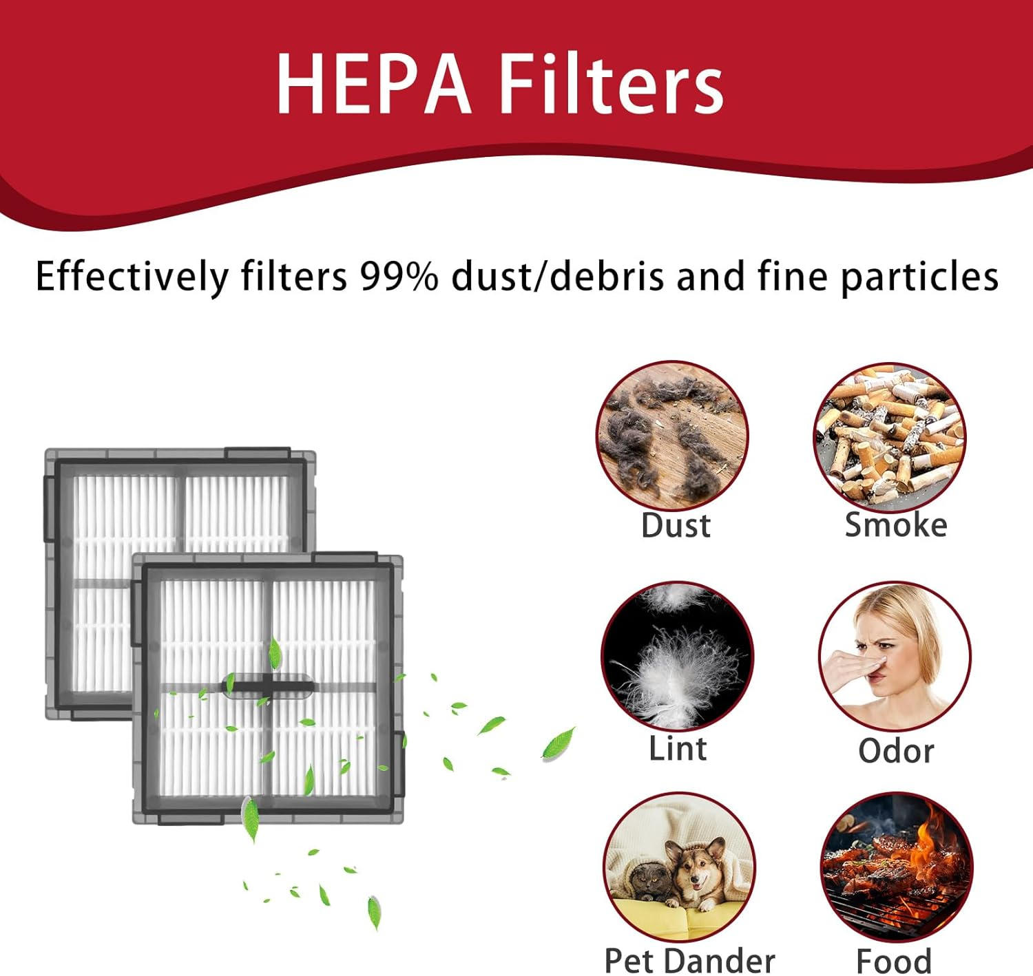 HEPA-filters met stof, rook, pluisjes, geur, huidschilfers en voedsel.