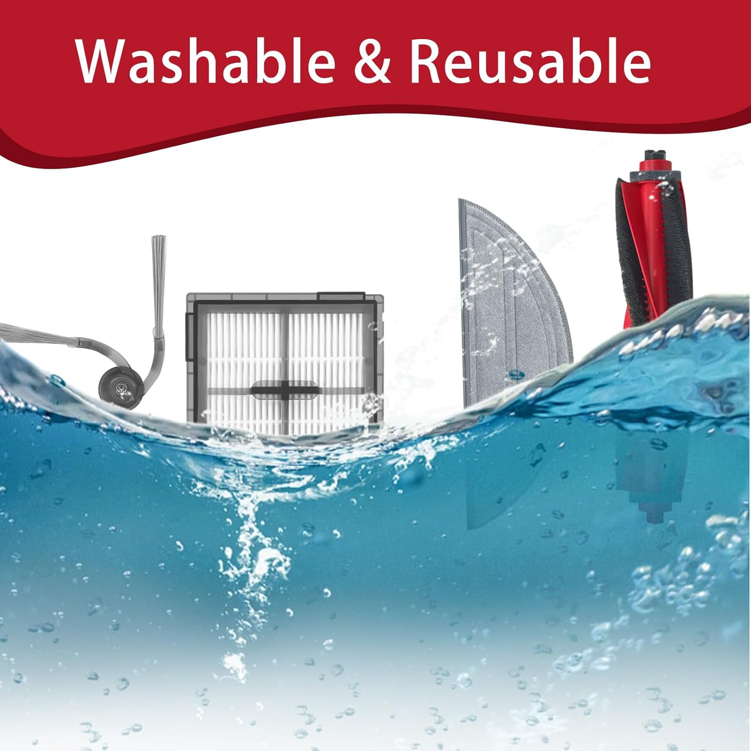 Reinigingsonderdelen: borstel, filter, dweil en rol in water.