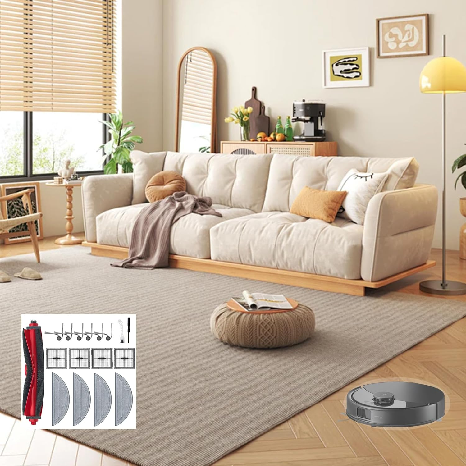 Een moderne woonkamer met bank, vloerkleed, robotstofzuiger en accessoires.