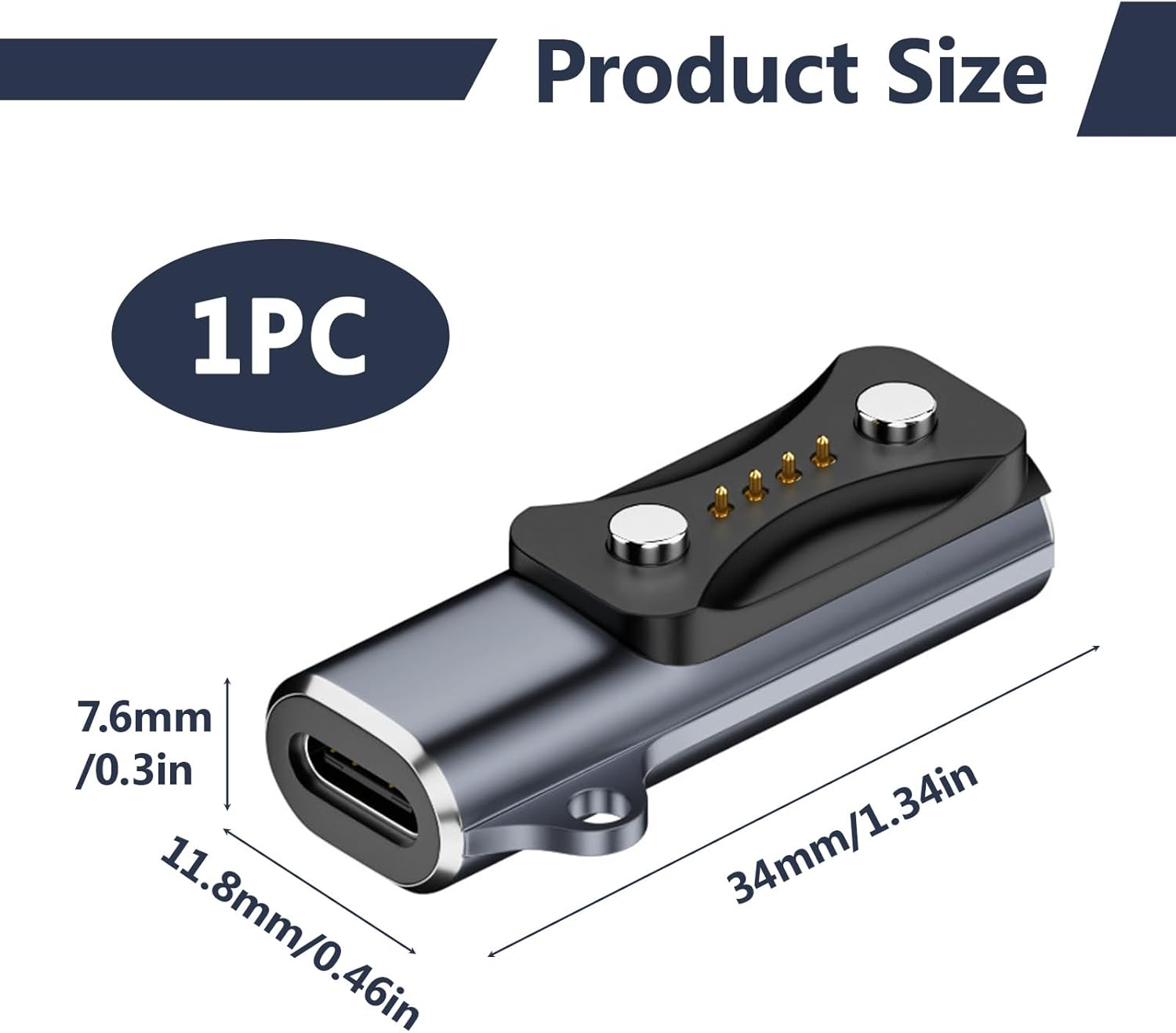 Ein schwarzer USB-C-Adapter mit Ladekontakten und Größenangaben.