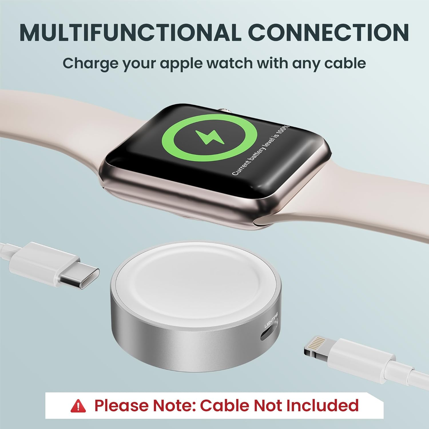 Ein Apple Watch Ladegerät mit Kabeln und voller Batterieanzeige.