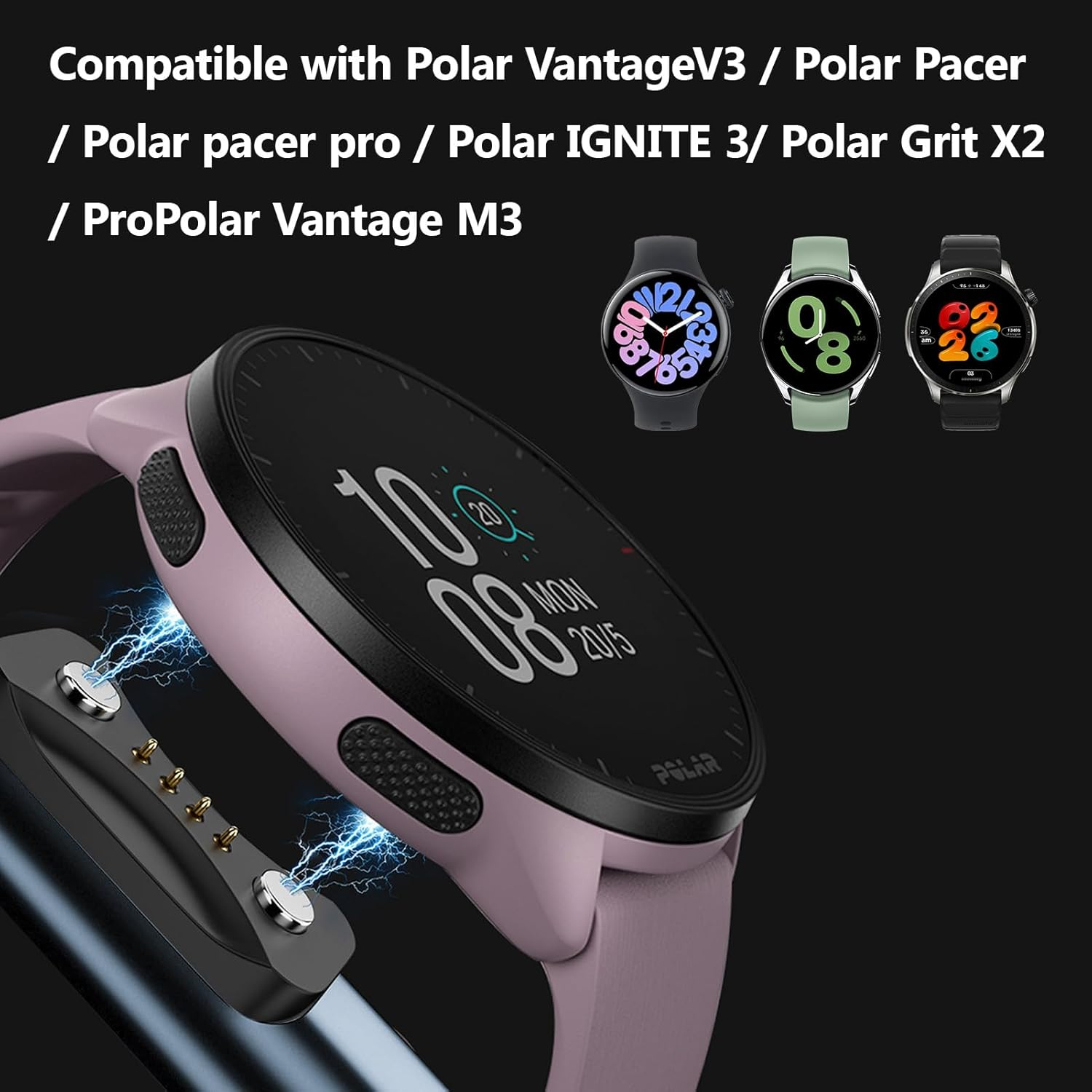 Lila Smartwatch lädt. Drei weitere Uhren mit Zifferblättern sind daneben.
