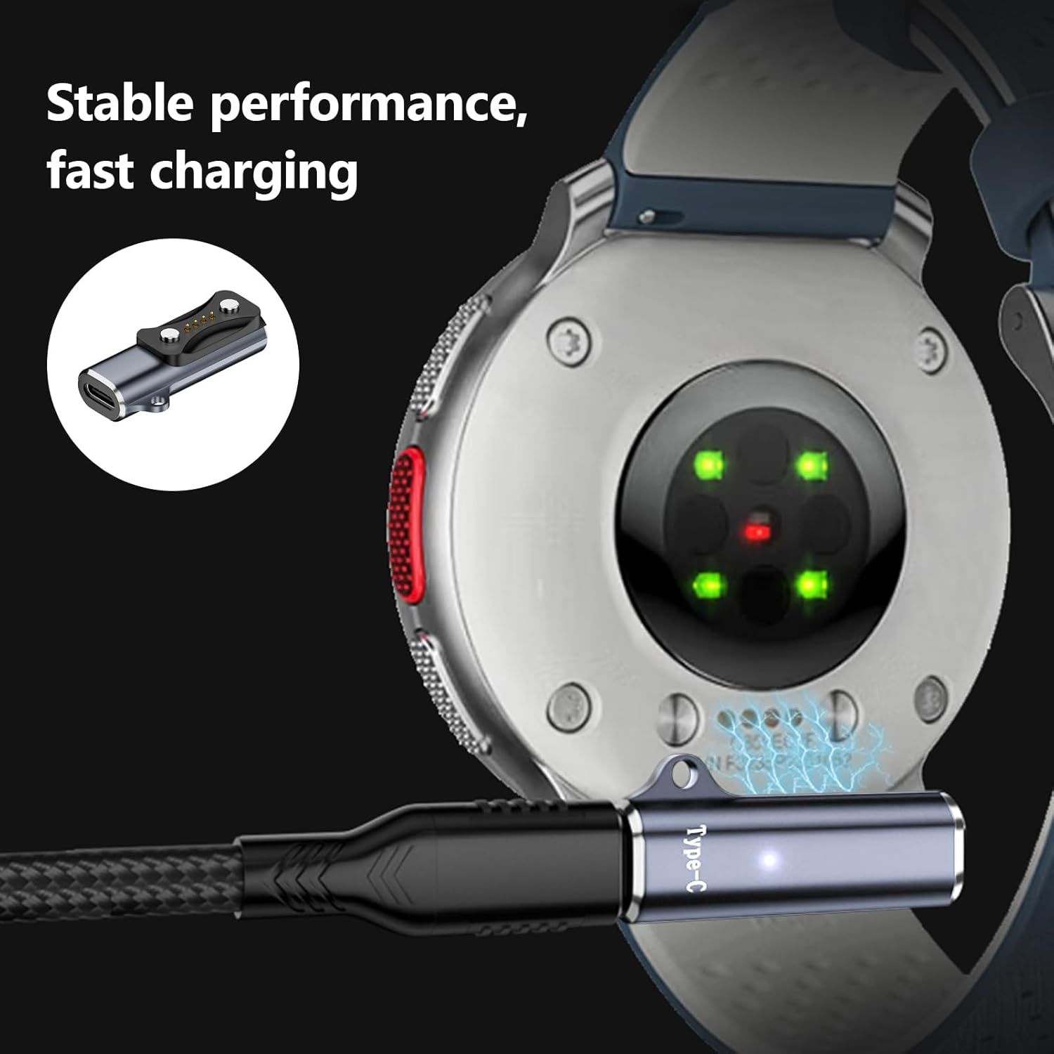 Ein Ladekabel vom Typ C ist an einem Smartwatch-Anschluss befestigt.