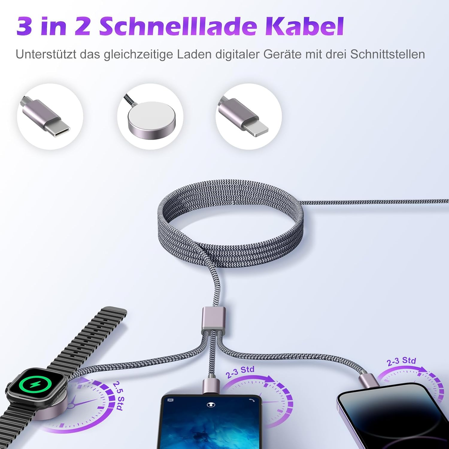 Ein Ladekabel mit drei Anschlüssen lädt eine Smartwatch, ein Handy und ein zweites Handy.